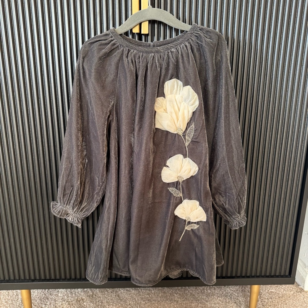 Zara girls Gray Velvet Floral Appliqué Dress